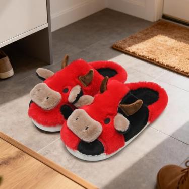 Imagem de Pantufas de vaca para mulheres e homens, fofas, fofas, aconchegantes, com desenho de vaca felpuda, para casa, para uso interno e externo, Vermelho, 6.5-7.5 Women/5-6 Men