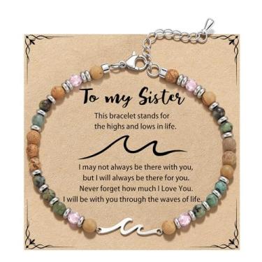 Imagem de QILMILY Pulseira de onda/laço/cruz para mulheres, pulseiras coloridas com contas de pedra natural, presente de amizade exclusivo para melhor amiga, irmã e mãe, presentes de aniversário para mulheres