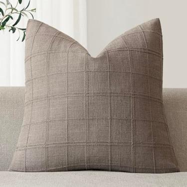 Imagem de Foindtower Conjunto de 1 capa de almofada decorativa xadrez de linho neutra fazenda vintage capa de almofada moderna boho decoração de casa para sofá cadeira sofá quarto sala de estar, 66 × 66