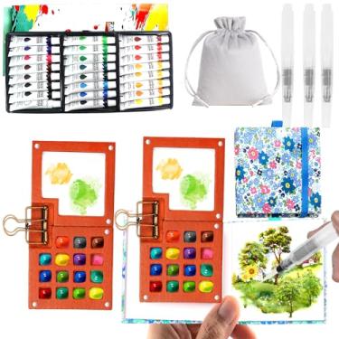 Imagem de Paleta de tinta de madeira de bolso com clipe de metal, conjuntos de tintas de tinta de água com caderno de desenho e caneta de água para pintores, artistas e iniciantes (azul - 24 cores, grades L-15)