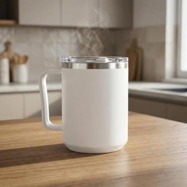 Imagem de Caneca Térmica Café 450ml Branca com Tampa e Alça | Copo Térmico Inox 304 Parede Dupla p/Bebidas Quentes e Frias | Mug Elegante Isolada Térmica Anti-Respingo