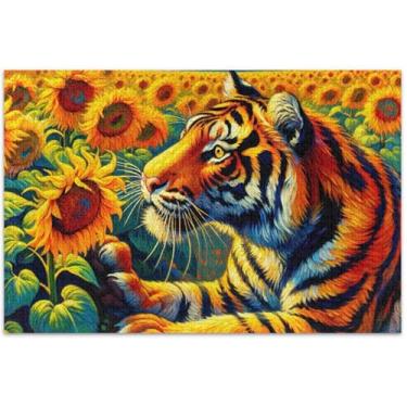 Imagem de Quebra-cabeça floral tigre girassóis 1000 peças arte animal adulto quebra-cabeça prime quebra-cabeças engraçados presentes de jogo de quebra-cabeça, 75 x 40 centímetros
