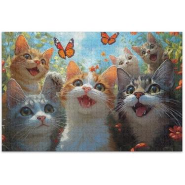 Imagem de Gatinhos fofos gatos selfie quebra-cabeça adulto 1000 peças jogo de tecnologia presentes rígidos família brinquedo artístico, 75 x 40 centímetros