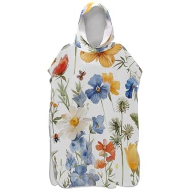 Imagem de Joisal Poncho de surfe para adultos trocador de roupa de praia com capuz toalha de banho de secagem rápida aquarela flores silvestres branco poncho masculino com capuz