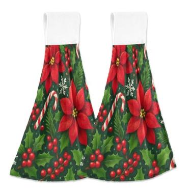 Imagem de Flores de poinsétia vermelha Natal personalizado outono toalhas de mão com laço pendurado toalha de forno absorvente macio bonito toalha decoração de cozinha conjunto de 2, 18,2 x 14 polegadas