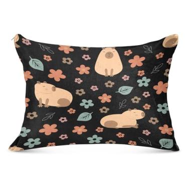 Imagem de Capas de almofada capivara flores em preto fronhas macias tamanho king size 53 x 54 polegadas fronha corporal