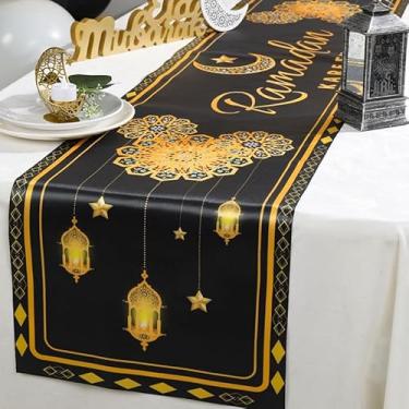 Imagem de Eid Mubarak Caminho de mesa, decorações pretas douradas Ramadan Kareem com padrão de lanterna de flor Mandela, corredores de mesa de jantar de cozinha para decoração de feliz feriado islâmico e