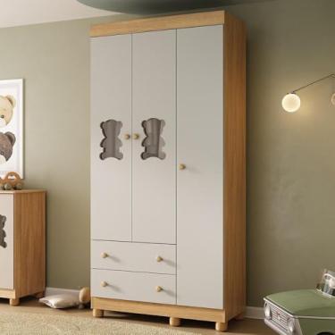 Imagem de Guarda-roupa Infantil 92cm com Vidro 3 Portas e 2 Gavetas Fofura Multimóveis Mp4482 Madeirado/off White