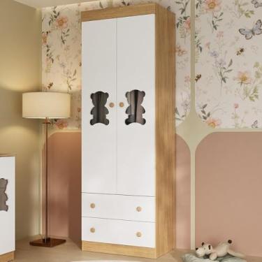 Imagem de Guarda-roupa Infantil 62cm 2 Portas com Vidro e 2 Gavetas Teddy Multimóveis Mp4486 Madeirado/branco