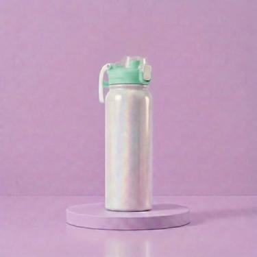 Imagem de Garrafa Térmica 550ml com Efeito Holográfico e Dupla Saída de Água | Canudo Retátil e Bico, Tampa Antivazamento e Alça (Verde)