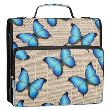 Imagem de Bolsa organizadora de fichário de borboletas azuis brilhantes com alça de ombro, 3 anéis D de 3 cm, portfólio de documentos portátil para escola e escritório