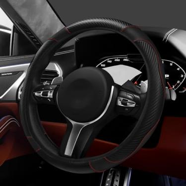 Imagem de Hovom Capa de volante de carro, capa protetora de volante de couro de fibra de carbono estilosa para 38 cm, antiderrapante e confortável, acessórios internos universais para decoração de carro (preto)