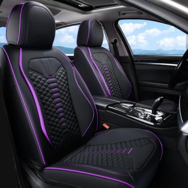 Imagem de Coverado Capas de assento de carro assentos dianteiros, capa de assento de carro preta e roxa de couro napa, capas de assento automotivas, protetor de assento de motorista à prova d'água, pacote com 2