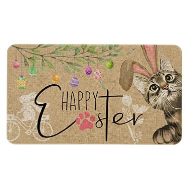 Imagem de Roszwtit Tapete de porta Happy Easter 76 x 43 cm Capacho de coelho de gato da páscoa para entrada ao ar livre tapete antiderrapante primavera decoração de páscoa tapetes de boas-vindas de baixo perfil