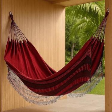 Imagem de Rede de Dormir Grande Jeans Style com Franja – Resistente para Descanso em Varanda, Jardim e Piquenique ao Ar Livre (Vermelho)