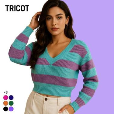 Imagem de Blusa Tricot Manga Longa Gola V Listra - Vitrine Collection, Lilás, U