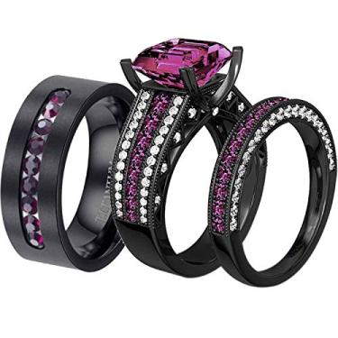 Imagem de ringheart 2 anéis de casal para ele e ela banhado a preto vermelho CZ conjuntos de alianças de casamento masculinas de aço inoxidável, women size8 & men size9, Metal Cristal Metal Cristal strass,