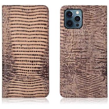 Imagem de VEVEL Capa de couro à prova de choque para Apple iPhone 12 Pro Max (2020) 6,7 polegadas, capa de telefone flip de atração magnética com padrão de lagarto [Suporte][Slot para cartão] (Cor: cáqui)