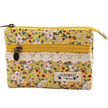 Imagem de Mini porta-moedas feminina, carteira pequena bordada de tecido feito à mão, bolsa de troca de zíper de algodão, Amarelo, Não