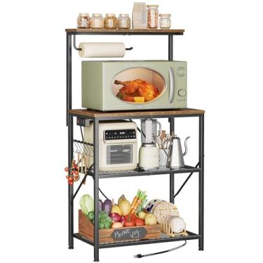 Imagem de Huuger Rack de padeiro de 4 camadas com tomada, 2 tomadas reversíveis, suporte de micro-ondas de 60 cm com suporte de toalha de papel, barra de café de cozinha, armazenamento maior com prateleira