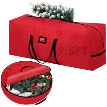 Imagem de Bolsa grande de armazenamento para árvore de Natal de 2,5 m, 2 pacotes de recipientes de armazenamento de enfeites de Natal, caixa de guirlanda de Natal resistente com alças reforçadas e zíper duplo