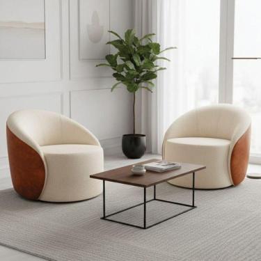 Imagem de Poltrona Sala Orgânica Kit 2 Lua Giratória Sintético Pu Nozes/bouclê B
