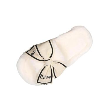 Imagem de Pantufas femininas casuais de bico aberto plus size com laço liso e peludo sandálias quentes outono inverno, Branco, 35