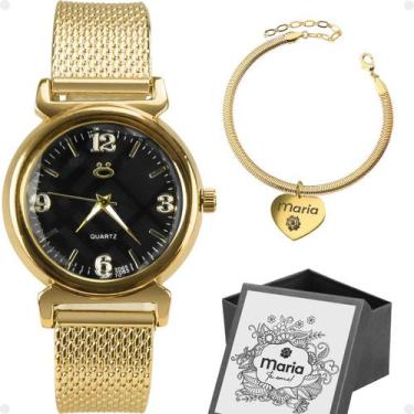 Imagem de Relogio Feminino Aço Inox + Pulseira Coração moda dourado qualidade pr