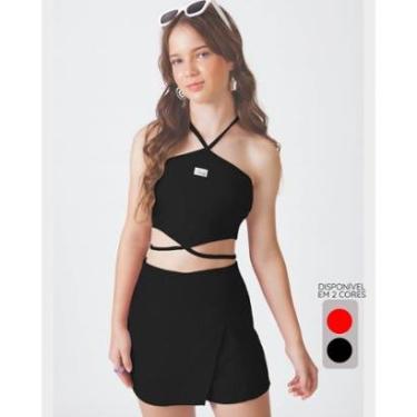 Imagem de Shorts saia linho verão leve estiloso confortável - Vermelho e Preto - Feminino 12 a 18 anos-Feminino