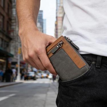 Imagem de Carteira masculina com logotipo bordado no bolso frontal com zíper, organizador compacto para cartões de dinheiro, moedas, compras e passeios casuais, cinza