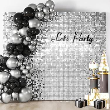 Imagem de 1 peça de fundo de parede prata brilhante de 8,5 x 1,8 m, painel de fundo quadrado com lantejoulas, cenários de fotos para aniversário, casamento, formatura e decoração de despedida de solteira