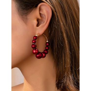 Imagem de Brincos de argola femininos, brincos de argola boêmios de pérola sintética, adequados para uso diário e férias, vermelho