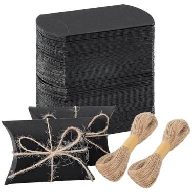 Imagem de BENECREAT 100 conjuntos de caixa de almofada de papel de papelão, 7 x 6 x 2,5 cm, caixa de lembrancinha preta com barbante de juta e caixas de correio para festa de casamento, chocolates e biscoitos