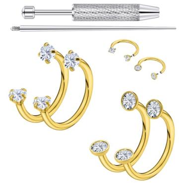 Imagem de Dyknasz Anel de nariz em ferradura 18G com rosca interna, argolas de aço cirúrgico, meio duplo, zircônia cúbica, piercing de nariz, lábio, sobrancelha, hélice, daith, piercing de orelha para mulheres