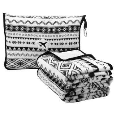 Imagem de Gilprop Cobertor de viagem de avião compacto com bolsa 2 em 1 macio Boho fleece cobertor de viagem e conjunto de travesseiro com manga de bagagem, clipe de mochila compacto e leve, essencial para