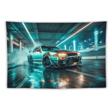 Imagem de HouLaiZhe JDM Tapeçaria de carro túnel deriva veículo movimento R32 Jdm pendurar na parede quarto decoração de casa tapeçarias estética piquenique decoração de parede arte de parede para dormitório
