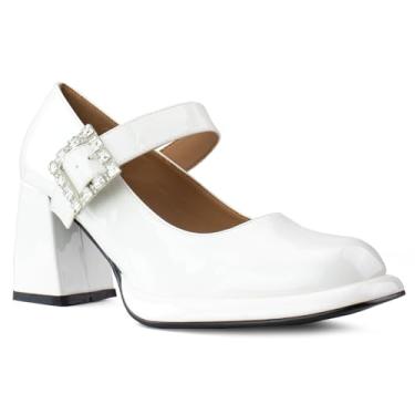 Imagem de RF ROOM OF FASHION Sapato social feminino fechado bico quadrado rodado salto grosso Mary Jane, Patente branca - Fivela quadrada de strass, 37