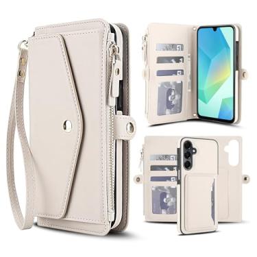 Imagem de Capa carteira para Samsung Galaxy A16 4G/5G, capa flip magnética destacável com compartimentos para cartões, bloqueio RFID, suporte e alça de pulso, capa protetora para celular (Apricot)
