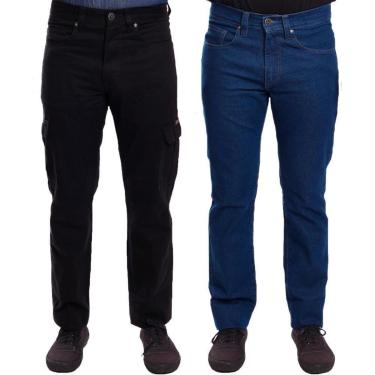 Imagem de Kit 2 Calças Sarja e Jeans R7Jeans Masculina Modelo Tradicional e Cargo Cintura Alta 100% Algodão-Masculino