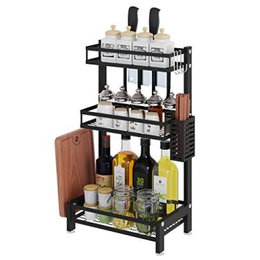Imagem de Escorredor de pratos, cozinha, preto, aço inoxidável, 3 camadas, suporte para garrafas de especiarias, pauzinhos, tábua de cortar facas, prateleira de armazenamento com 3 ganchos 34 × 21 × 60,5 cm