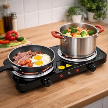Imagem de Fogão Elétrico 2 Bocas Portátil 220V 2000W uso doméstico, cooktop, fogão de mesa, design moderno, ideal para espaços compactos, camping, viagem.