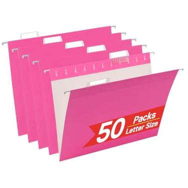Imagem de VZCPYTPM 50 Pacotes de Pastas de Arquivo Suspensas, Rosa, Tamanho Carta, Expansíveis, 1/5 Abas Ajustáveis para Escritório, Escola, Casa