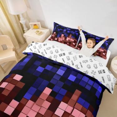 Imagem de Conjunto de capa de edredom infantil Pixelated Miners, tamanho Queen, xadrez geométrico, videogame, meninas, meninos, decoração moderna de sala de jogos, capa de edredom azul vermelha, 2 fronhas (sem