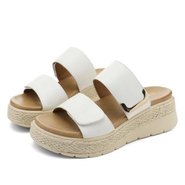 Imagem de UBFEN Sandálias femininas de plataforma de salto baixo, alpargata, confortável, suporte de arco, bico aberto, duas alças, elegante, casual, praia, verão, caminhada, sapatos, Branco, 38