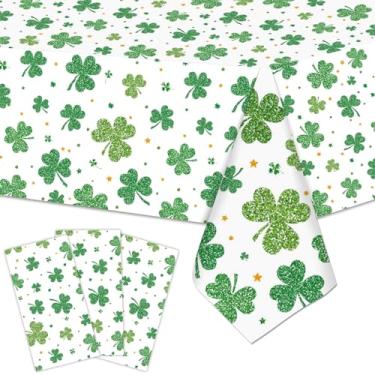 Imagem de 3 peças de toalha de mesa de plástico do trevo do dia de São Patrício, capas de mesa retangulares descartáveis com design de trevo verde para festas irlandesas, dia de São Patrício e decorações de