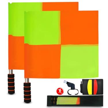 Imagem de Bandeiras de árbitro de futebol, 2 peças com bandeiras quadriculadas, cartões vermelhos/amarelos, apito, moeda flip e caderno de referência - Kit completo de árbitro assistente para jogo de futebol