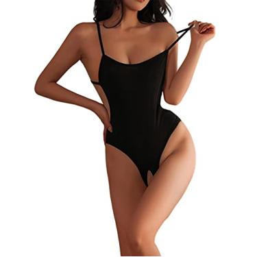 Imagem de SINROYEE Body Feminino Sexy Micro Biquíni Halter Tanga Peça Única De Pelúcia Collant Lolita Anime Cosplay Lingerie Babydoll (430 Preto)