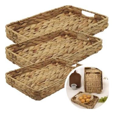 Imagem de Conjunto 3 Bandejas Decorativas Rústicas em Fibra Natural – Mesa Posta e Organização