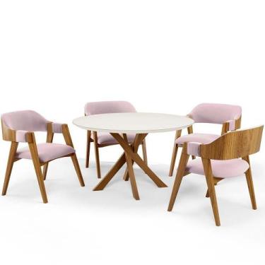 Imagem de Mesa De Jantar Redonda Cora 120cm Off White M04 Com 04 Cadeiras Living