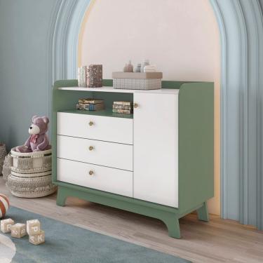 Imagem de Cômoda Infantil 3 Gavetas e 1 Porta de Madeira Verde Oliva/Branco